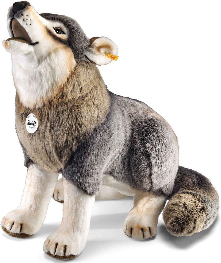 Steiff Snorry Wolf hellgrau sitzend 60 cm, Kuscheltier Wolf, Plüschtier aus streichelweichem Webpelz