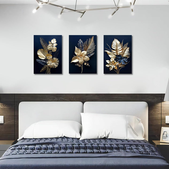 3 Panels 3D Marineblaue Goldblumen Mit Rahmen Leinwand Bilder Monstera Kokosnuss Blätter Bild auf Le