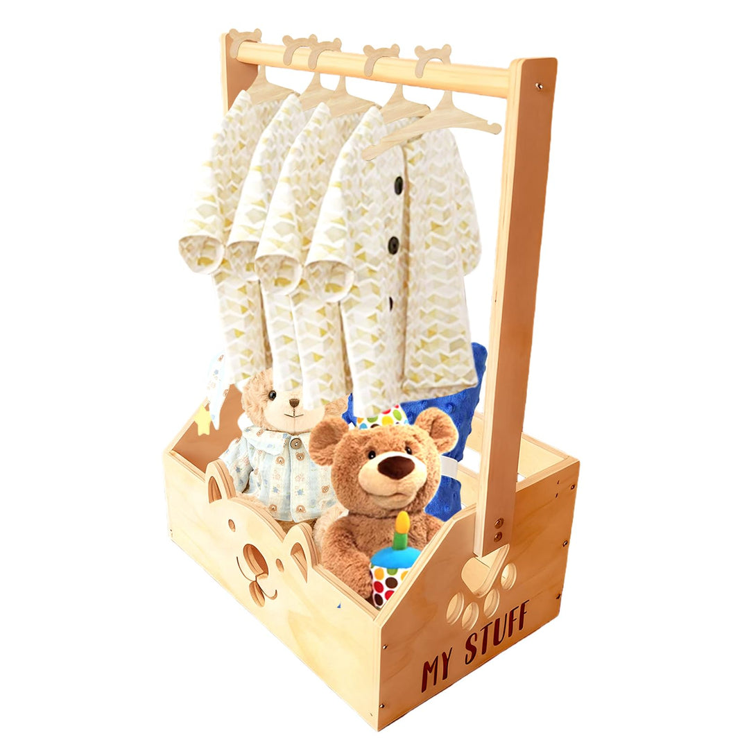 Holz Baby Geschenk Korb mit Griff und 5 Kinder Kleiderbügel, Babyparty Schrank Holz Baby Aufbewahrun
