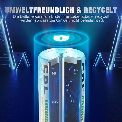 EBL D Akku 10000mAh, Wiederaufladbare D Zelle NI-MH Batterie 4 Stück mit Aufbewahrungsbox, Mono D Ak
