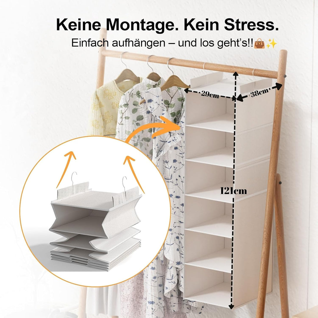 Extra Tiefer Hängeorganizer Schrank, Kleiderschrank Organizer, 6 Fächer mit Mesh-Taschen, Faltbar un