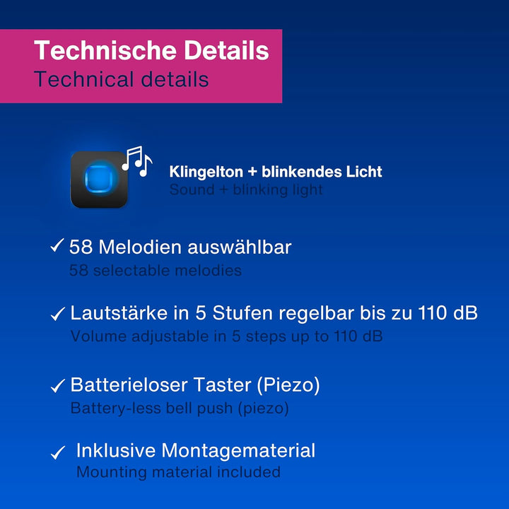 REV Funkklingel Piezo - Steckdosen Gong mit Lichtsignal, 58 Melodien, 4-Stufen Lautstärke, max. 110d