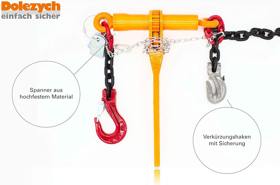 Dolezych Spannzurrkette, 1-teilig, mit DoRa Ratschlastspanner und Gabelkopfhaken. 4000 daN zulässige