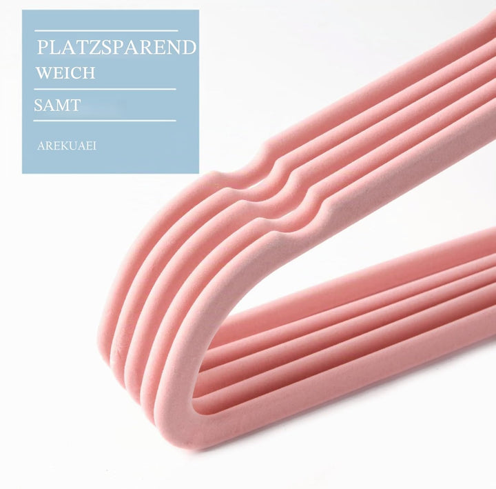 Arekuaei Rosafarbene Samt-Kleiderbügel, strapazierfähig, rutschfest, platzsparende Kleiderbügel, Kup