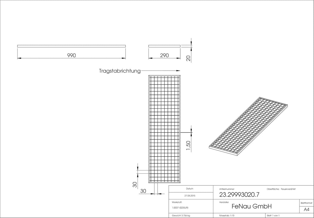 Fenau - 290 x 990 x 20 mm - Gitterrost, MW: 30/30 mm, verzinkt, Rost für Zarge: 300 x 1000 x 23 mm,