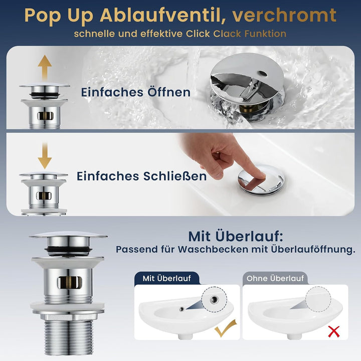 Wasserrhythm Universal Siphon mit Ablaufgarnitur für Waschbecken und Waschschalen mit Überlauf, Chro