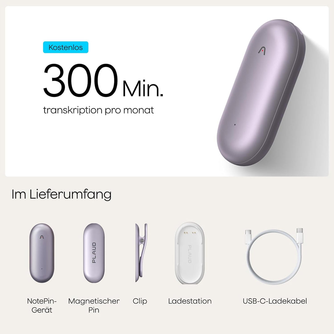 Plaud NotePin Sprachrekorder, KI-Sprachrekorder, App-Steuerung, KI-Notizgerät, KI-Transkription & Zu