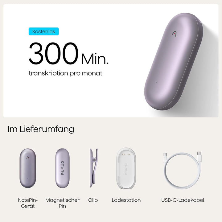 Plaud NotePin Sprachrekorder, KI-Sprachrekorder, App-Steuerung, KI-Notizgerät, KI-Transkription & Zu