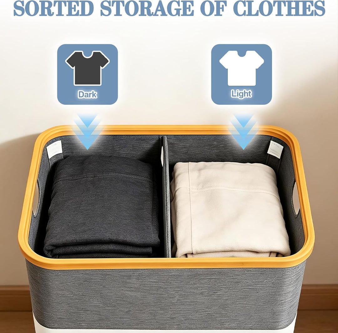 Verdego Wäschekorb mit Deckel, 2 Wäschesack, Wäschesammler, 102L, Grau | Laundry Basket Faltbarer, W