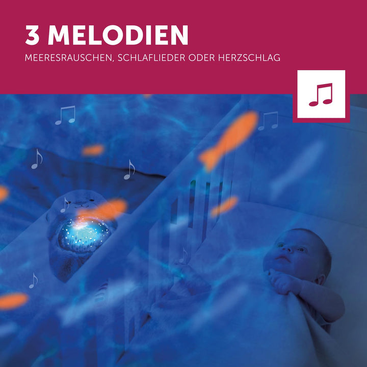 ZAZU Otto der Otter - LED-Nachtlichtprojektor: Ozean, bewegliche Fische, Wellen, 5 Melodien, 3-Stufe