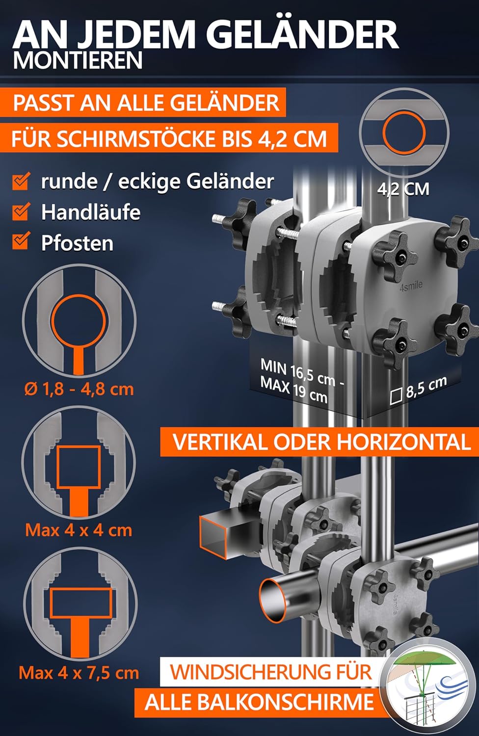 4smile Sonnenschirm Balkon SunnyShade, Anthrazit - 4-in-1 SET Sonnenschutz Balkon - UPF 50+ Sonnensc