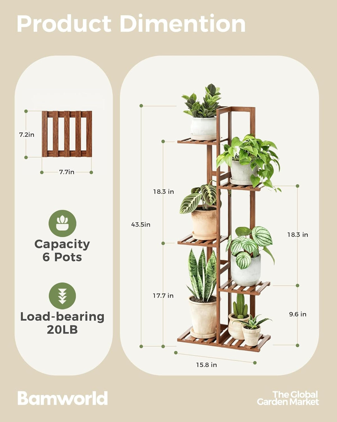 Bamworld Pflanzenregal 5 Ebenen Blumenständer Innen aus Bambus, Teebraun Grosses Blumentopf Ständer