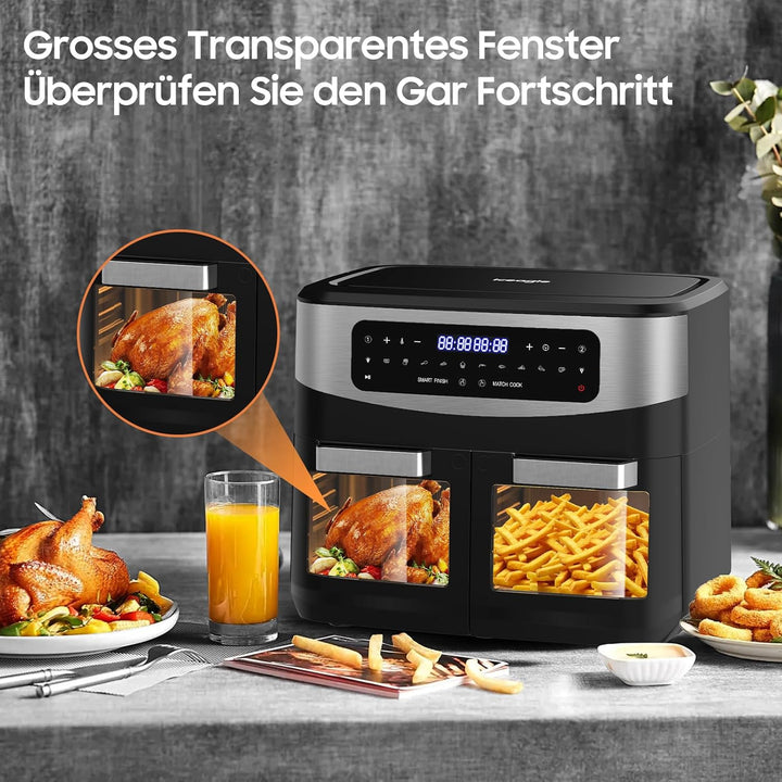 Iceagle Heissluftfritteuse 2 kammern Airfryer 12L - 2600W Heissluftfriteuse XXL mit Sichtfenster | F