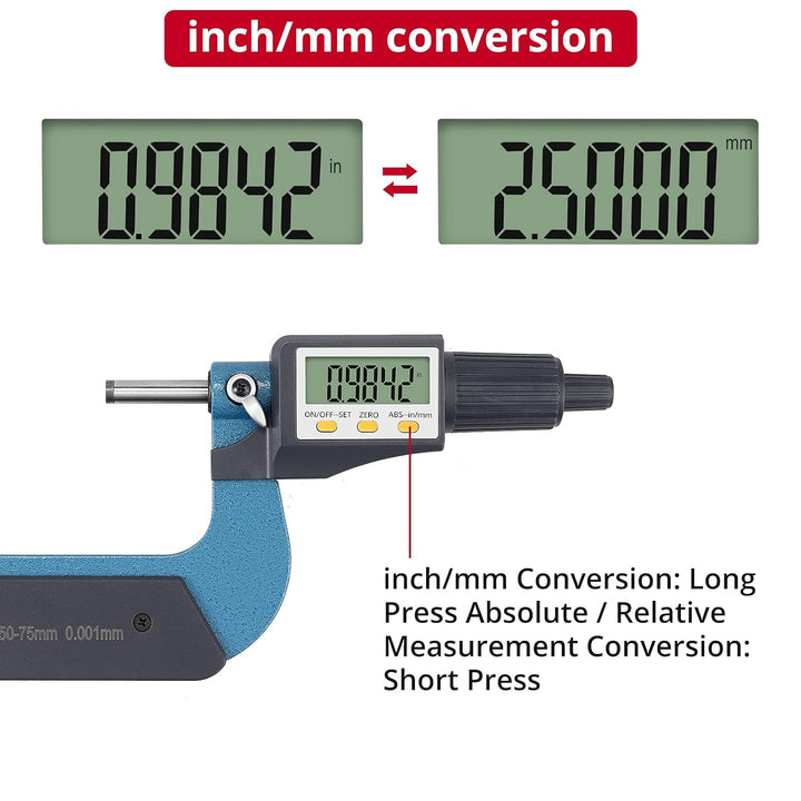 XUNTOP Mikrometer Digital 50-75mm Elektronische Mikrometer Hohe Präzision Bügelmessschraube mit LCD-
