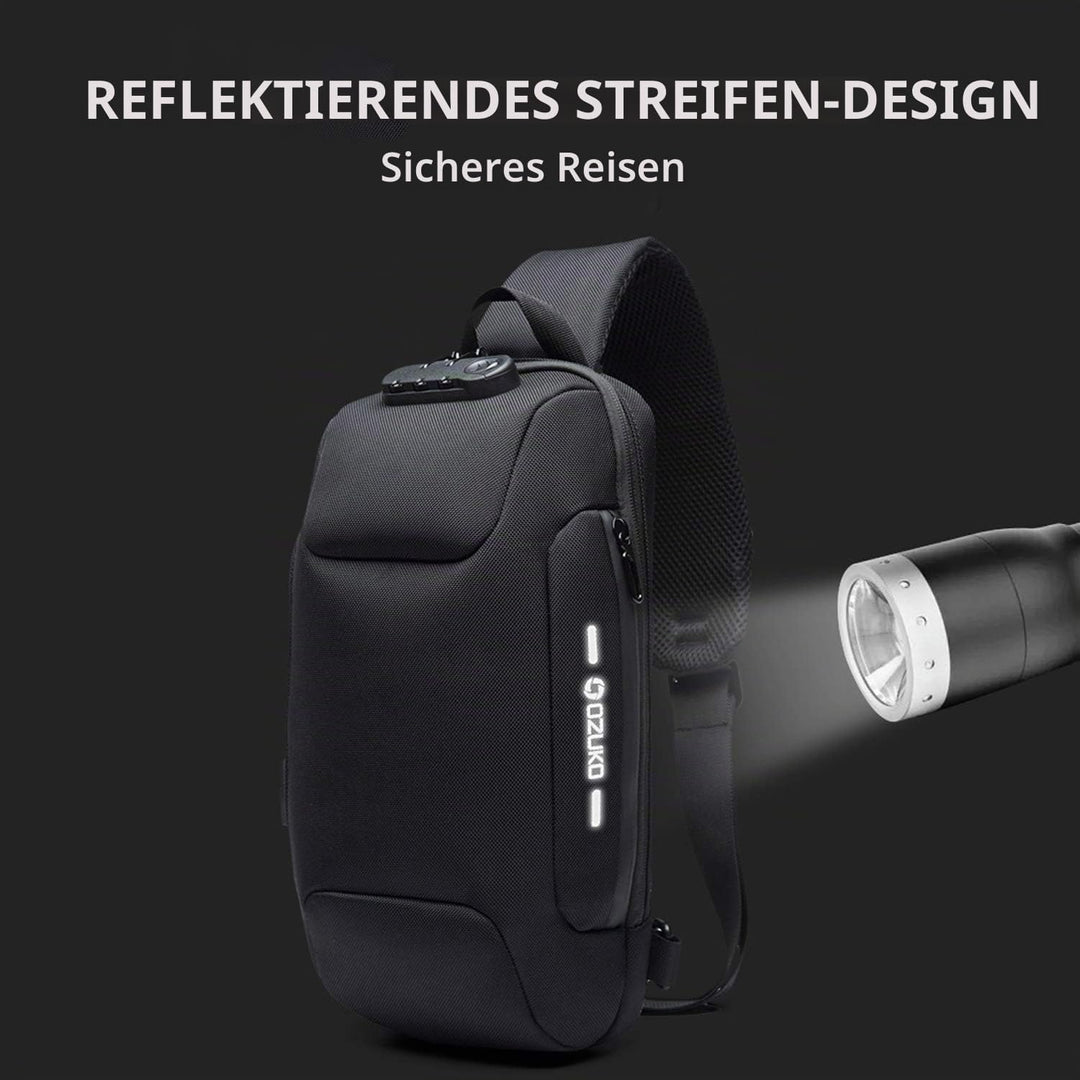 FANDARE Neu Herren Schultertasche Brusttasche mit Passwortschloss, USB, Reflektierende Streifen Umhä
