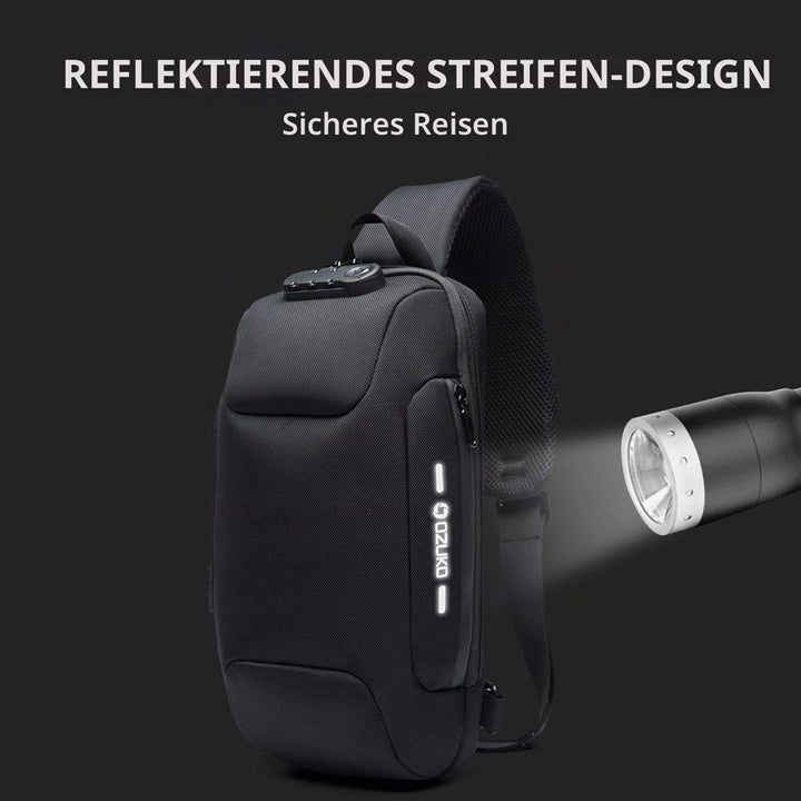 FANDARE Neu Herren Schultertasche Brusttasche mit Passwortschloss, USB, Reflektierende Streifen Umhä