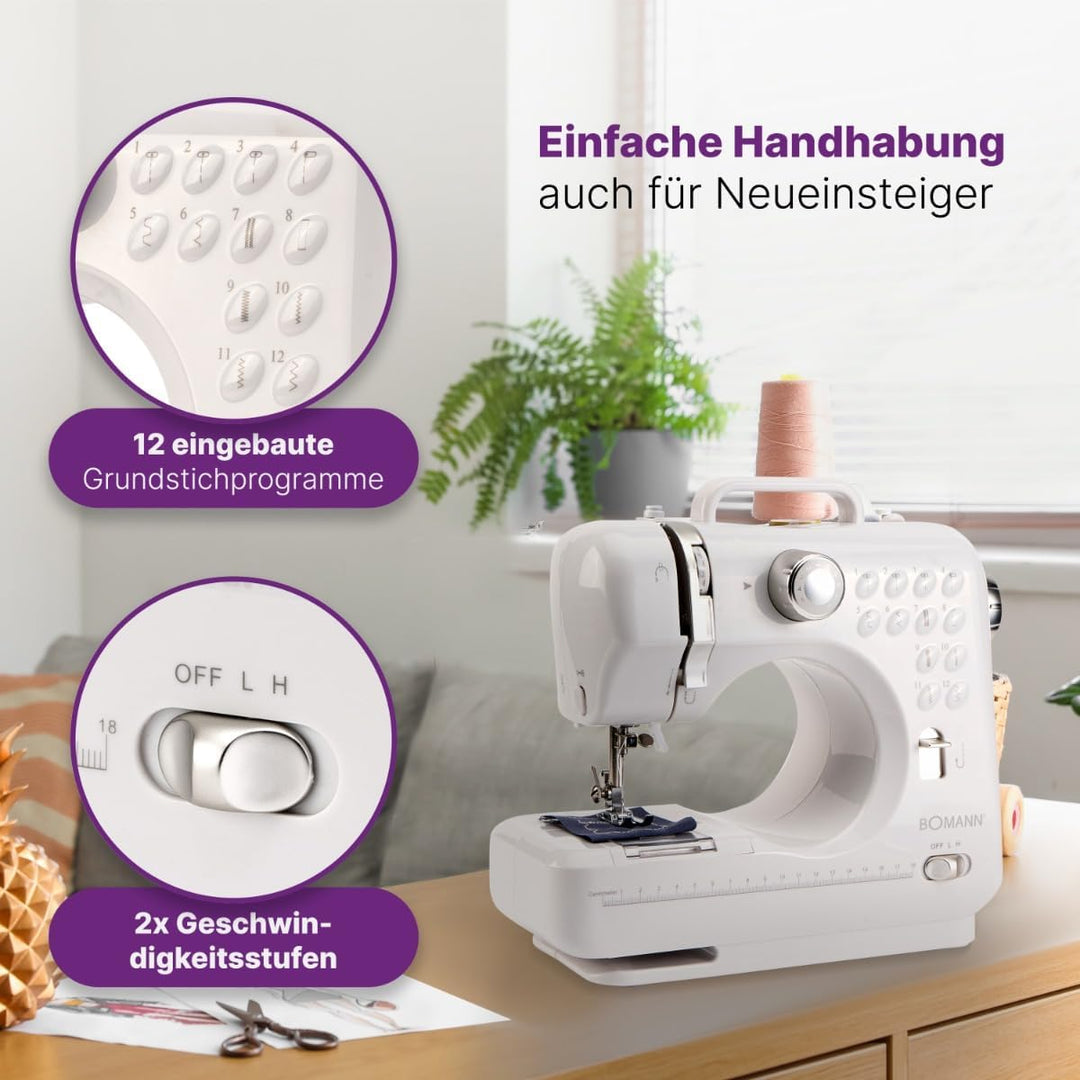 Bomann® Nähmaschine für Anfänger mit 12 Stichmustern | Sewing Machine mit Vor- u. Rückwärtsnähfunkti