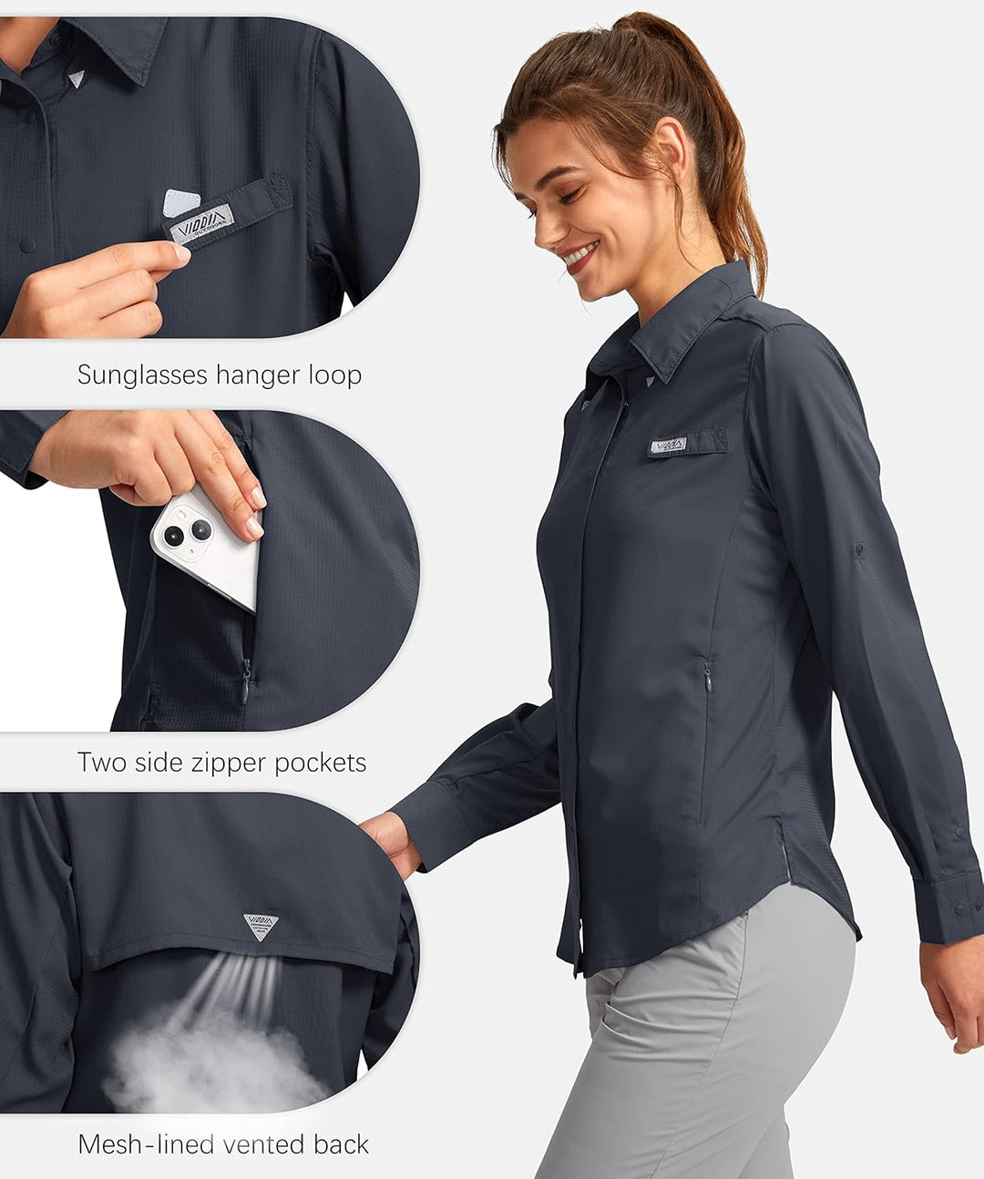 Damen-Sonnenschutz-Angelshirt mit Reissverschlusstaschen, leicht, LSF Langarm-Shirts für Wandern, Sa