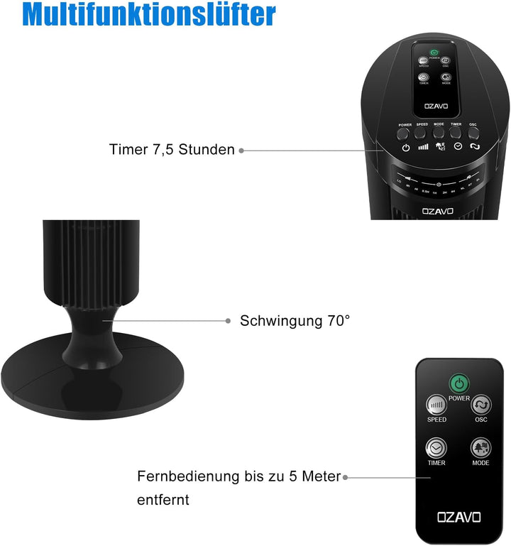 OZAVO Turmventilator, Tower-Ventilator mit Fernbedienung, 3 Laufgeschwindigkeiten und Auto-Funktion,