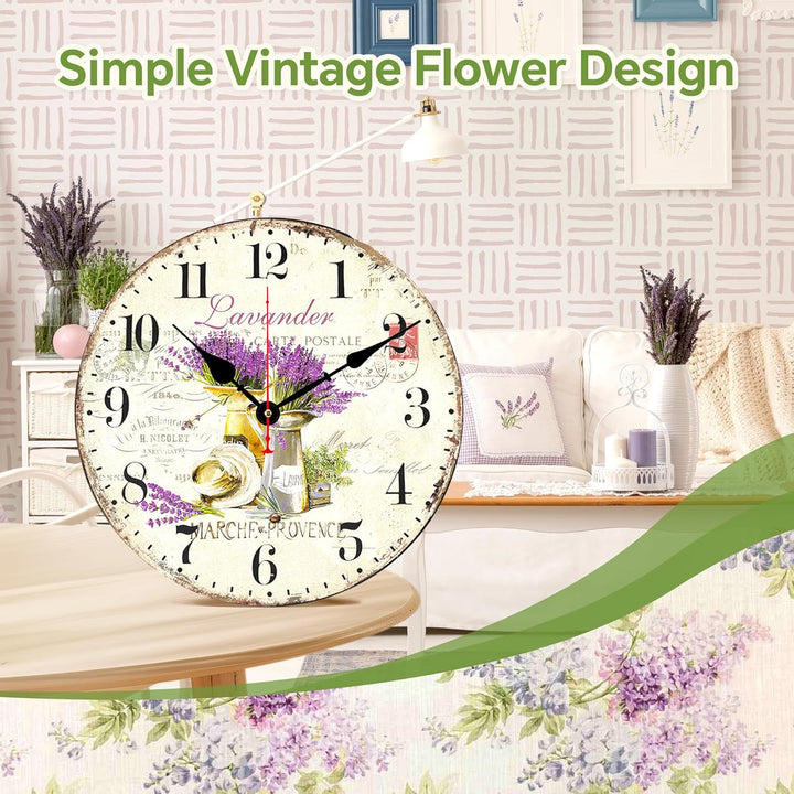 TAHEAT 20 cm Lavander Wanduhr, Klein Schöne Vintage Küche Uhr, Ohne Tickgeräusche Landhausstil Wandu