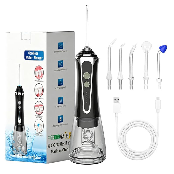 Elektrische Mundspülung Drahtlos Mit Tank 300ml Und 5 Spitzen 2500mAh IPX7 Wasserdicht Zahnspüler, E