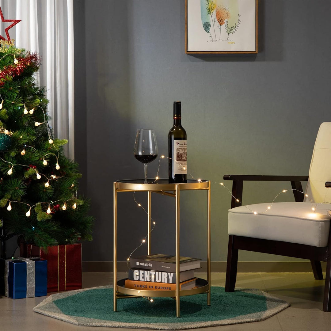 HollyHOME Rund Beistelltisch, 2 Ebenen Beistelltisch Metalltablett, Snacktisch, Balkontisch, Teetisc