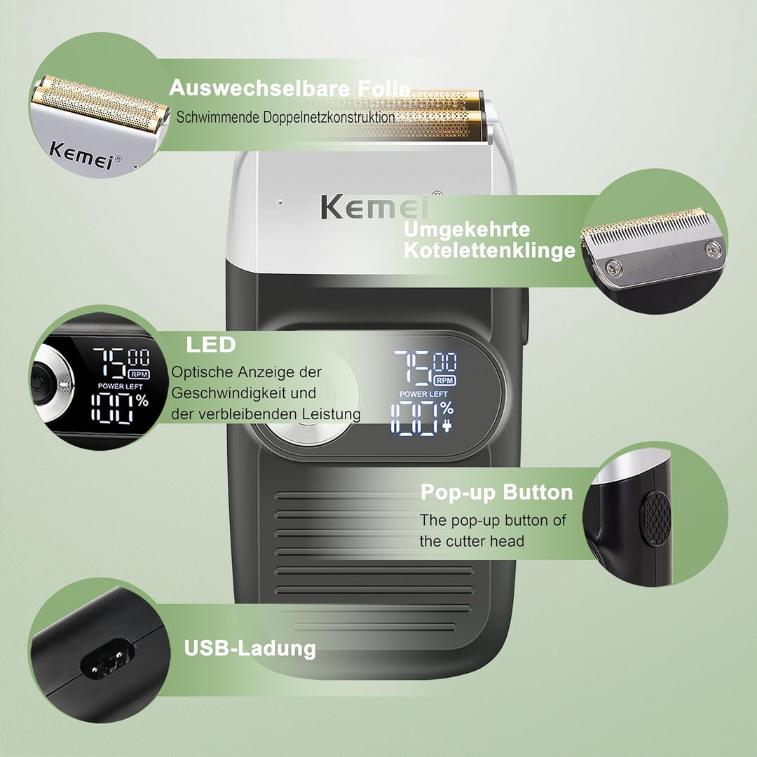 KEMEI Folienrasierer für Männer Elektrischer Rasierer mit Kahlrasur Schnurlose Elektrorasierer mit L