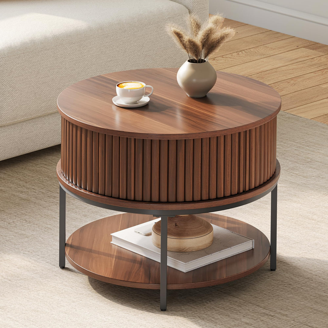 YITAHOME Couchtisch Rund, Couchtisch mit 2-stufigem Stauraum, Couchtische mit Schiebetüren im Tambou