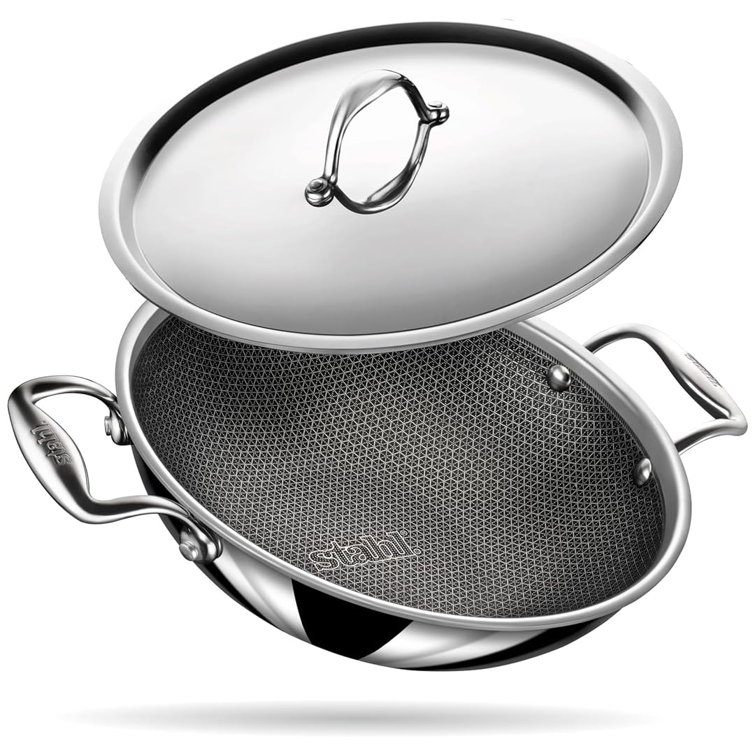 Stahl Triply Kratzerfreier Wok mit Deckel | Edelstahl Wok mit Induktionsboden | 28 cm, 4.4L für 8 Pe