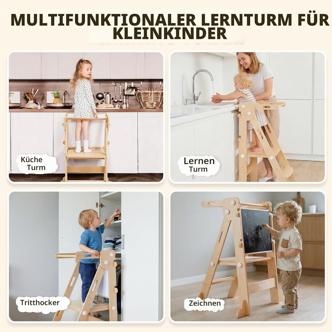 labebe Klappbar Lernturm für Kinder, Montessori Learning Tower mit Zweiseitige Tafel, 3 in 1 Einstel