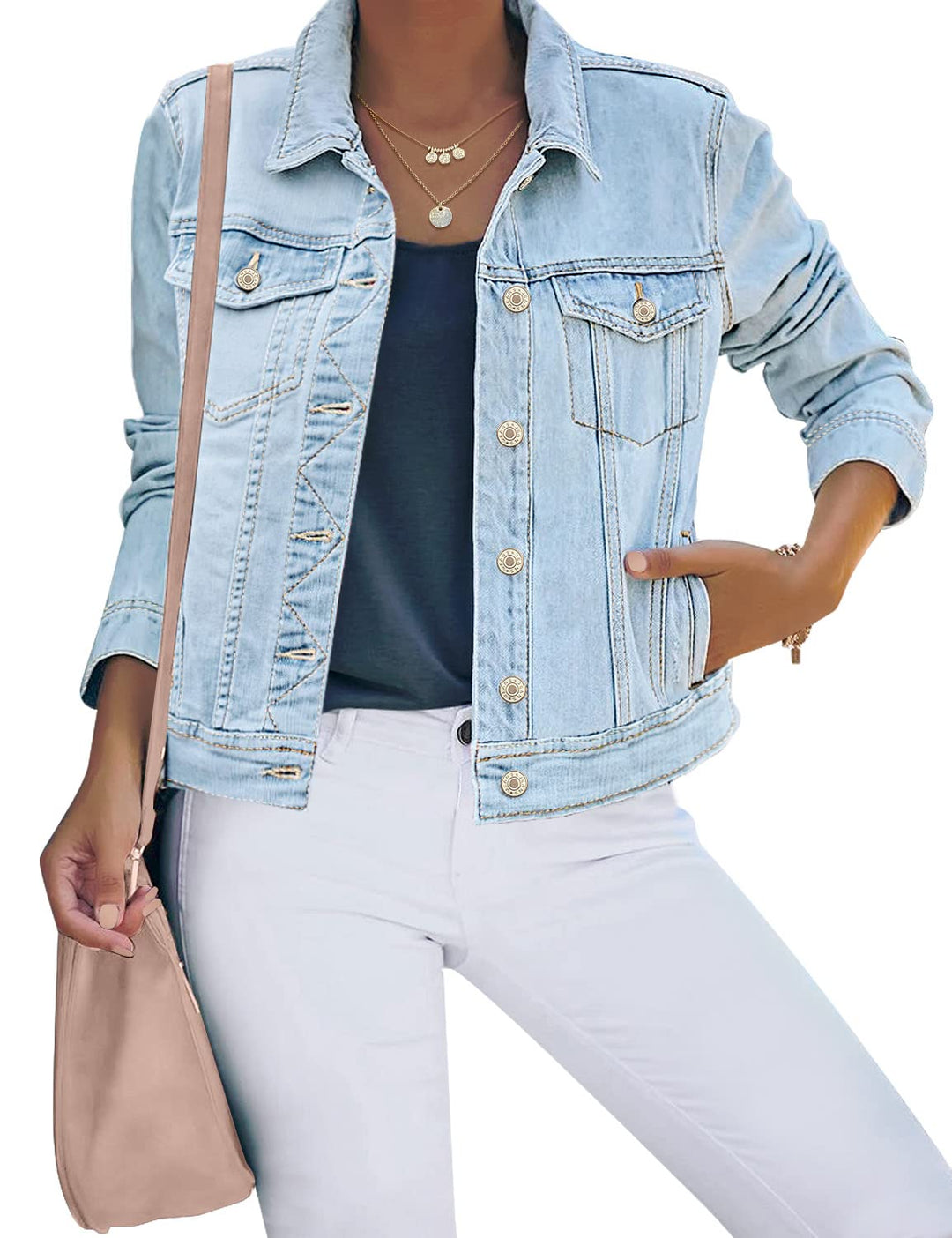 Jeansjacken Damen Jean Stretchy Langarm Trucker Jacke mit Tasche XL Azurblaue Stimmung, XL Azurblaue