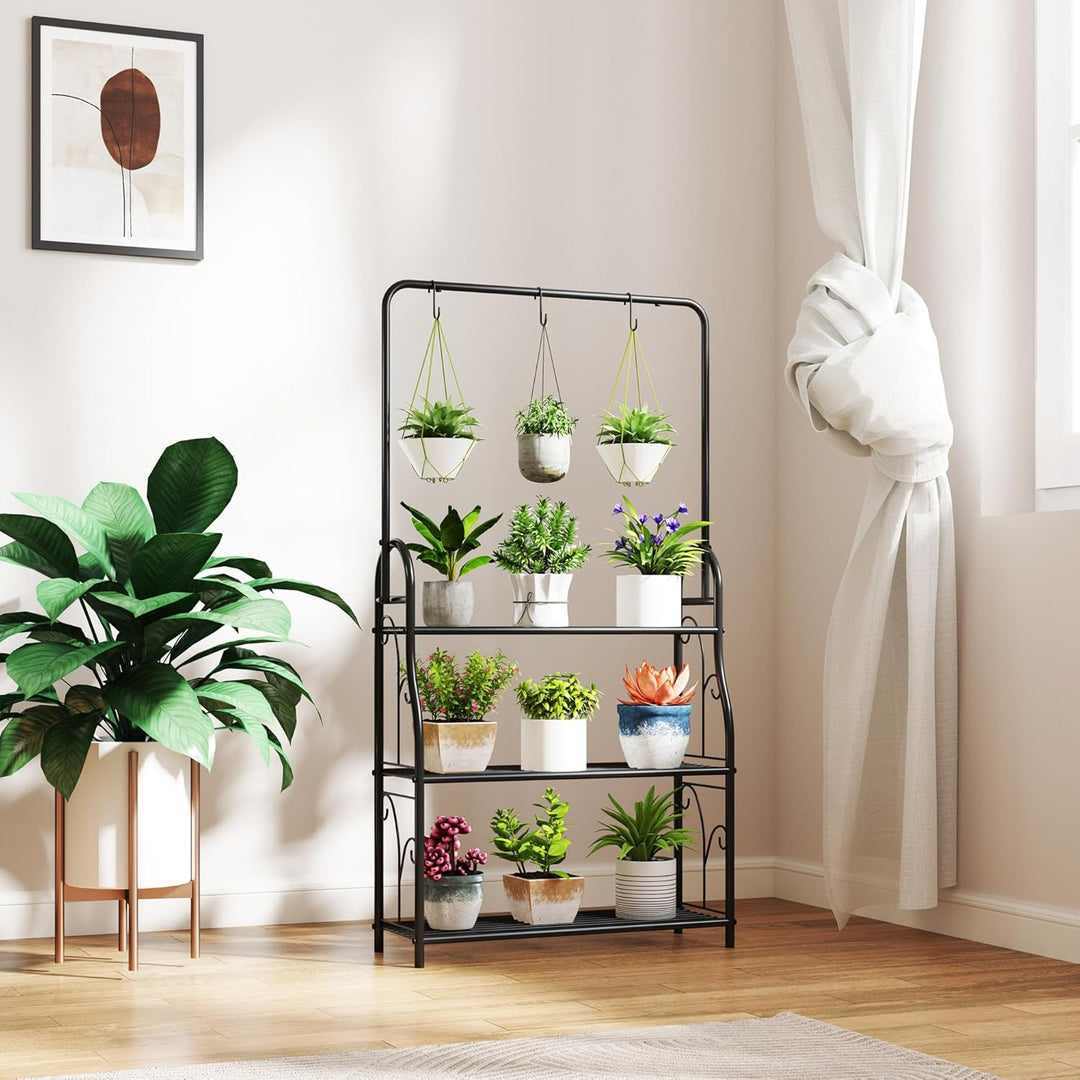 Outsunny 3-Etagen Pflanzenständer mit Hängestange, Haken, Blumenständer für Innen, Pflanzenregal aus