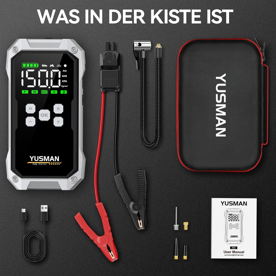 YUSMAN Starthilfe Powerbank mit Kompressor | 8000A Auto Starthilfe für alle Benzinmotoren &amp; 7L Diese