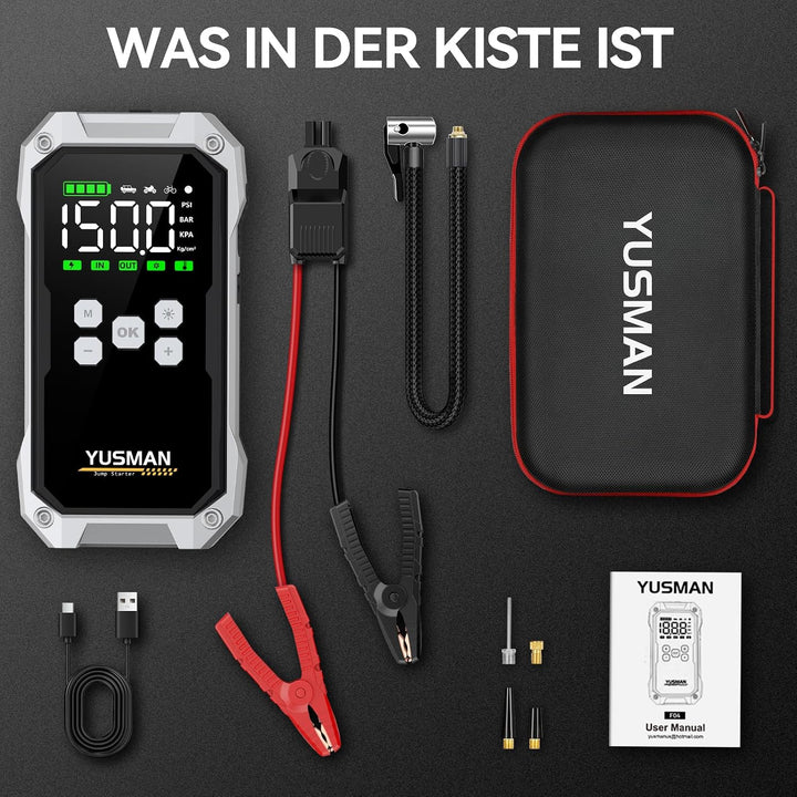 YUSMAN Starthilfe Powerbank mit Kompressor | 8000A Auto Starthilfe für alle Benzinmotoren &amp; 7L Diese