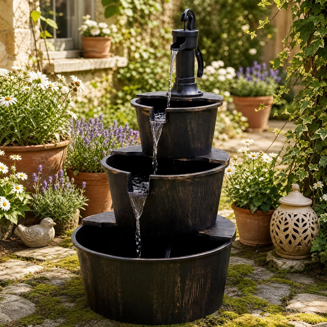 HOMASIS Gartenbrunnen mit Verstellbarer Pumpe, Antikbronze | Springbrunnen mit 3 Ebenen, dekorativer