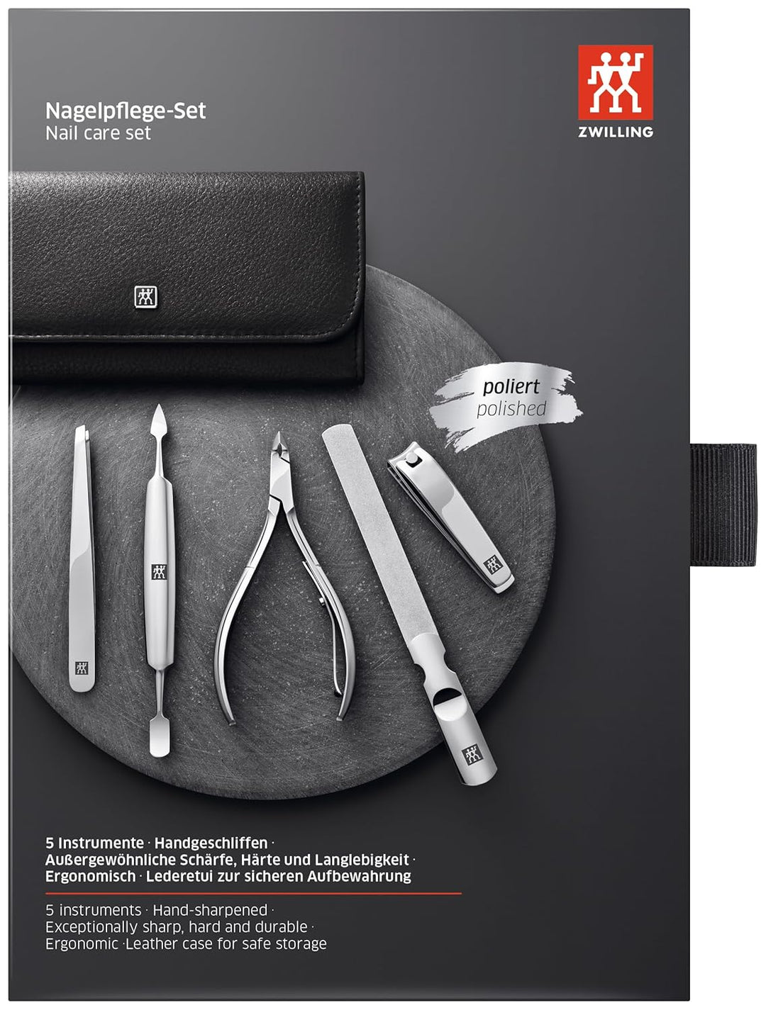 ZWILLING Maniküre Set 5-teilig mit Rindleder Etui, Professionelle Pflege für Hände und Füsse, Schwar