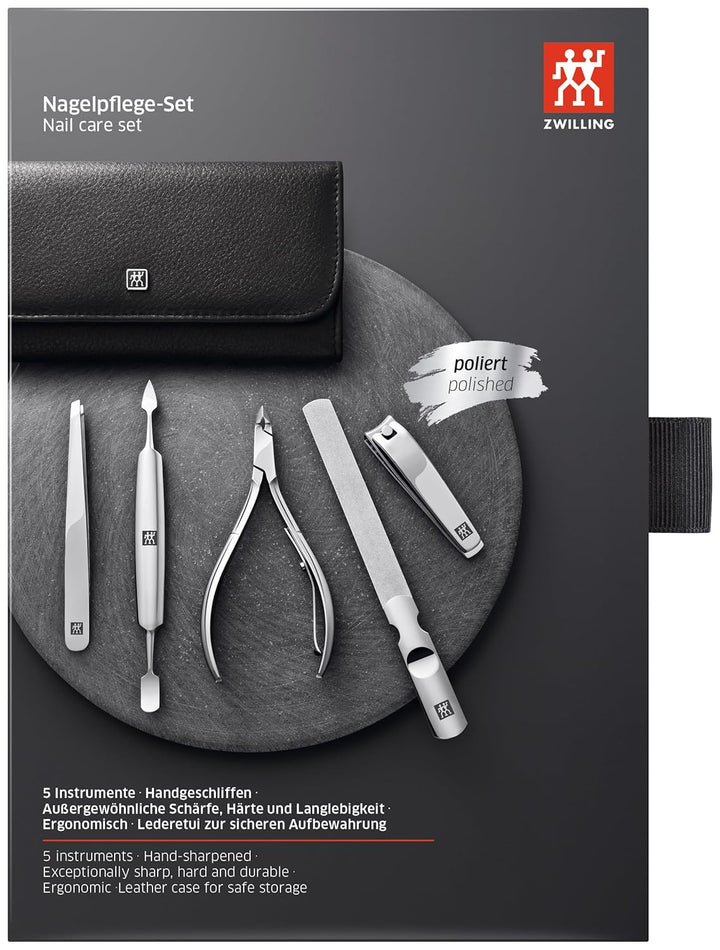 ZWILLING Maniküre Set 5-teilig mit Rindleder Etui, Professionelle Pflege für Hände und Füsse, Schwar