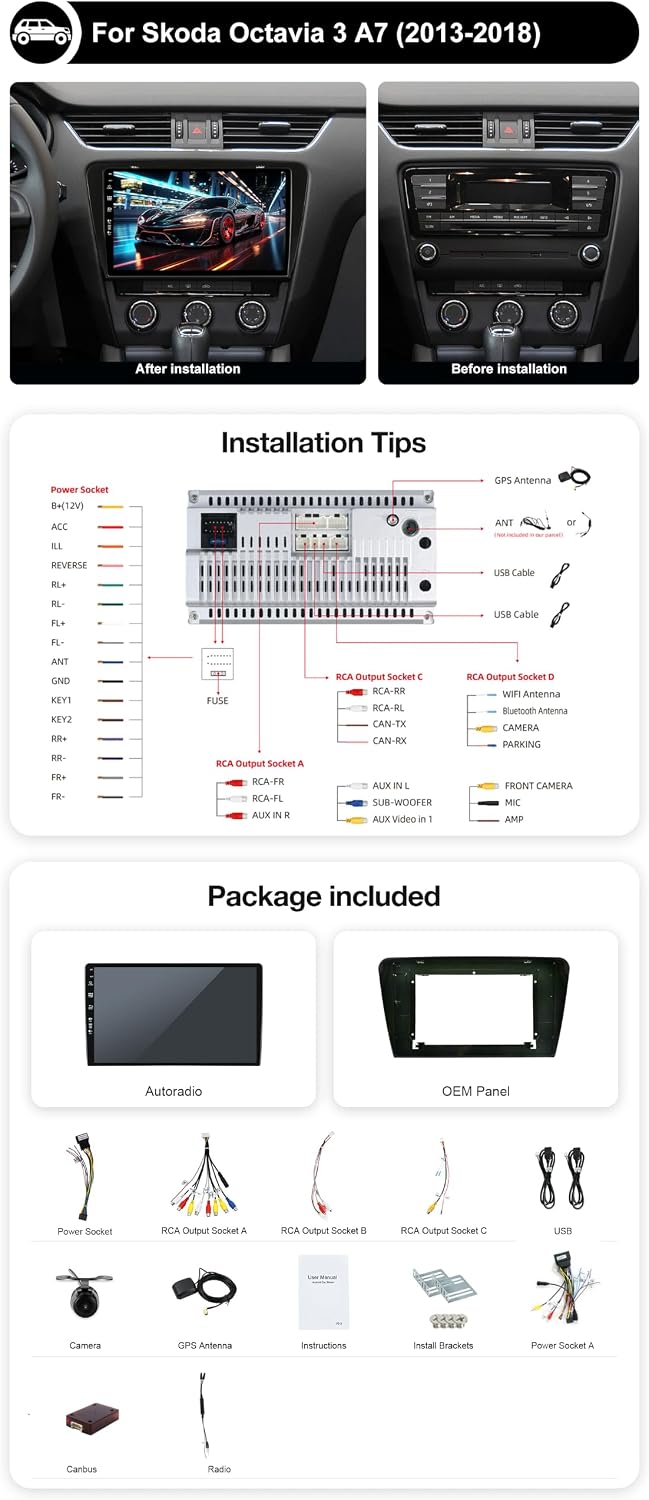 Android 15 IPS Autoradio Passt für Skoda Octavia (2014-2018) - Eingebautes CarPlay Android Auto - KO