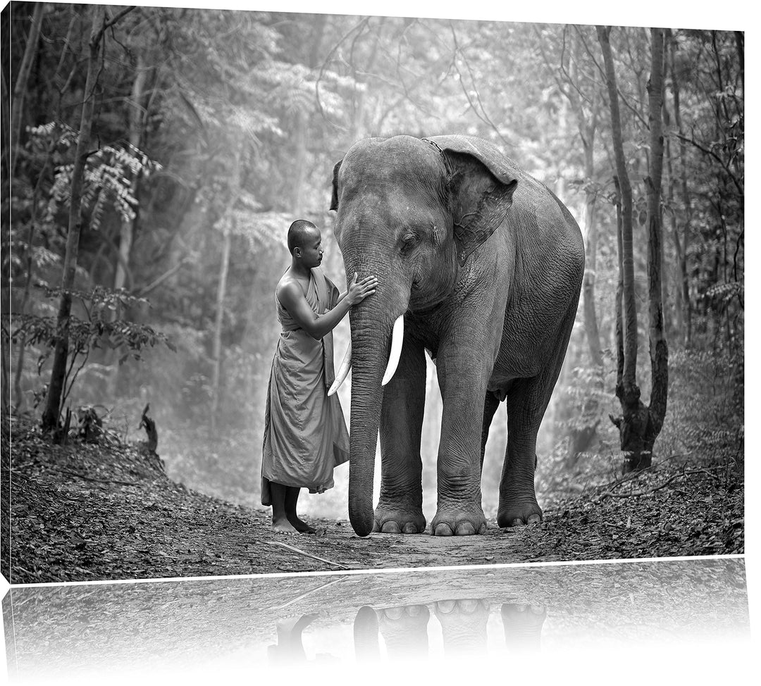 Pixxprint Elefant mit Mönch B&W als Leinwandbild/Grösse: 100x70 cm/Wandbild/Kunstdruck/fertig bespan