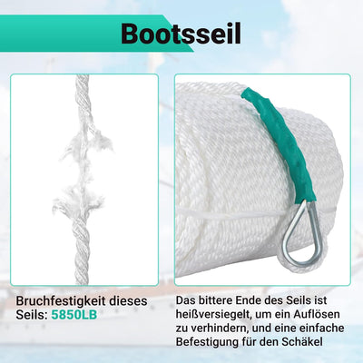 CarBole Tauwerk für Boote,Bootsseil,Nylon Seil,1/2" x100' (12mm*30m),Festmacherleine,Camp Seil,Weit