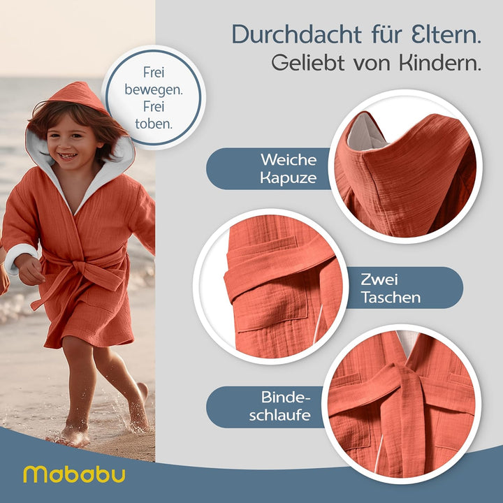 Mababu Bademantel Kinder mit Kapuze | 100% Bio-Baumwolle GOTS Zertifiziert | Premium Musselin Kinder