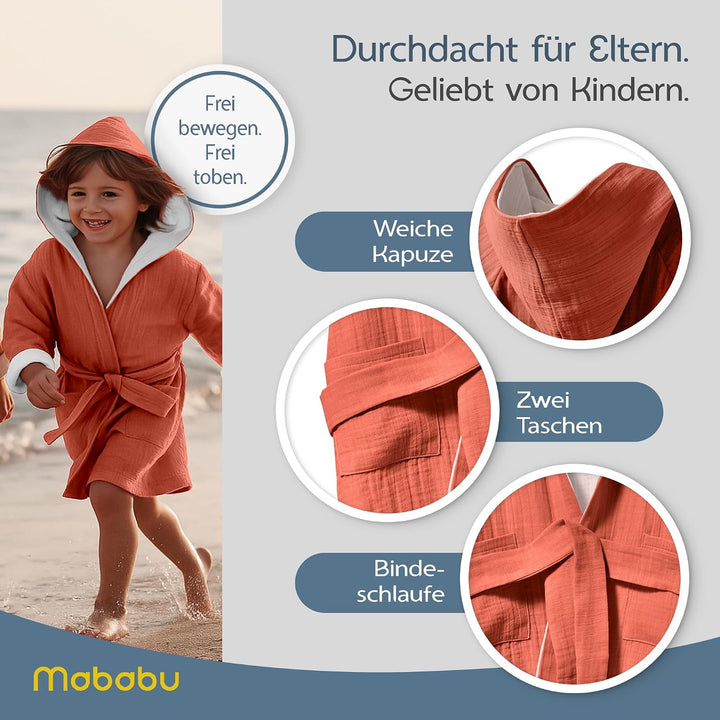 Bademantel Kinder mit Kapuze | 100% Bio-Baumwolle GOTS Zertifiziert | Premium Musselin Kinderbademan