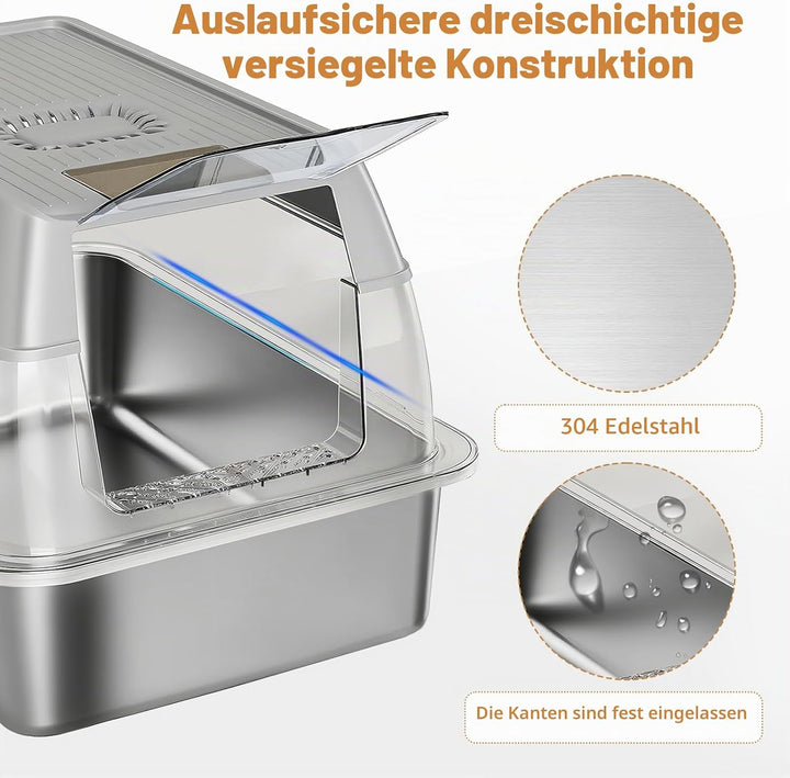 Edelstahl Katzenklo XXL 37L – Geschlossene Katzentoilette für grosse Katzen, mit 120° Klappdeckel, T