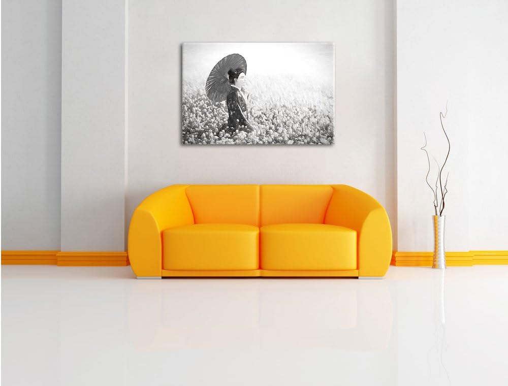 Pixxprint Geisha auf dem Feld Kunst Kohle Effekt, Format: 100x70 auf Leinwand, 100x70