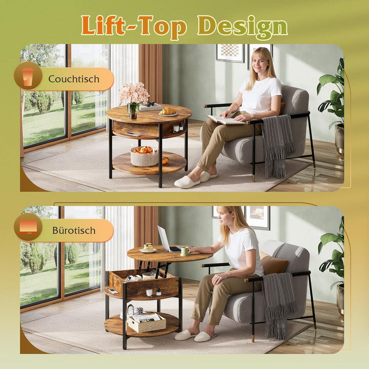 WLIVE Couchtisch Rund mit Hebeplatte, Wohnzimmertisch Höhenverstellbar mit Stauraum, 60 x 60 x 50 cm