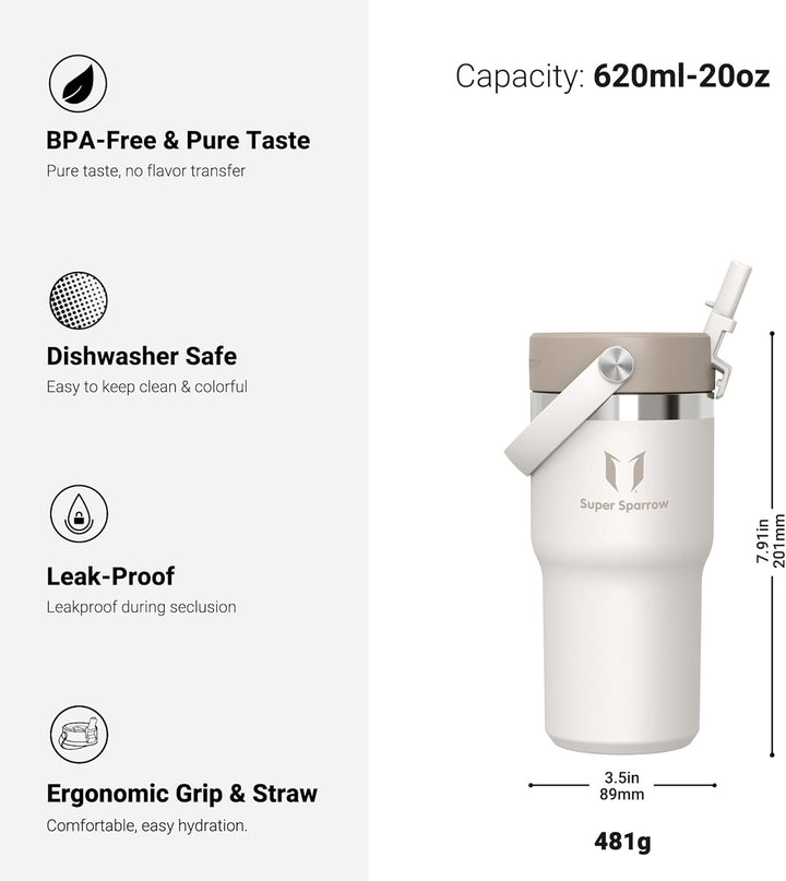 Sparrow Trinkflasche Edelstahl - Twistpath Thermosflasche mit Flex-Strohhalmdeckel - 620ml - BPA-fre