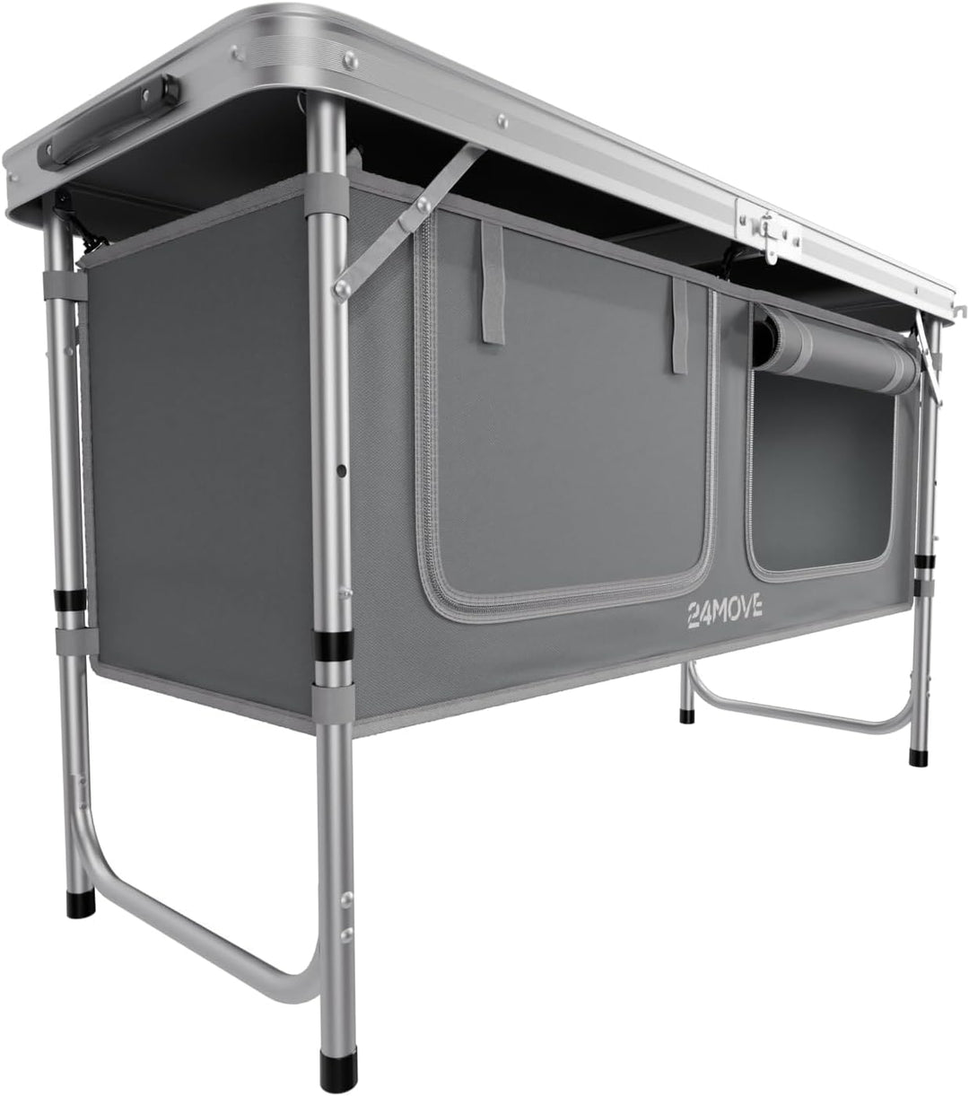 24MOVE® Campingküche faltbar, höhenverstellbarer Campingschrank Alu Reiseküche mit Arbeitsplatte und