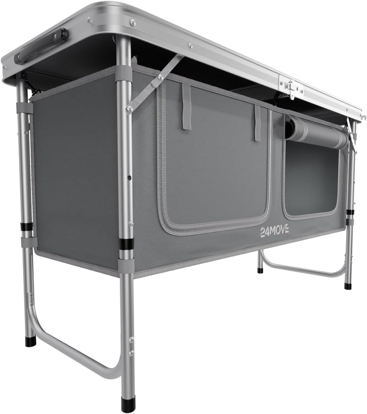 24MOVE® Campingküche faltbar, höhenverstellbarer Campingschrank Alu Reiseküche mit Arbeitsplatte und
