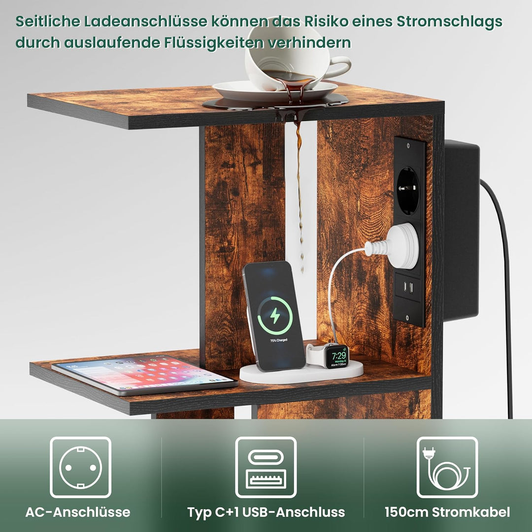 Pamapic Beistelltisch, Nachttisch mit Steckdose, Beistelltisch Schmal, 3 Ablagen C-Form Sofatisch,Co