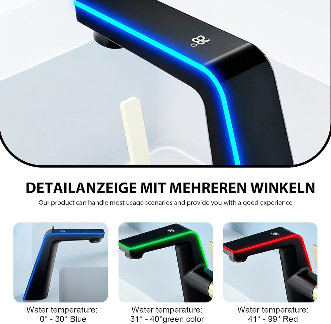 Wasserhahn Bad mit LED-Temperaturanzeige, Waschtischarmatur Badarmatur Einhebelmischer 2 Strahlarten